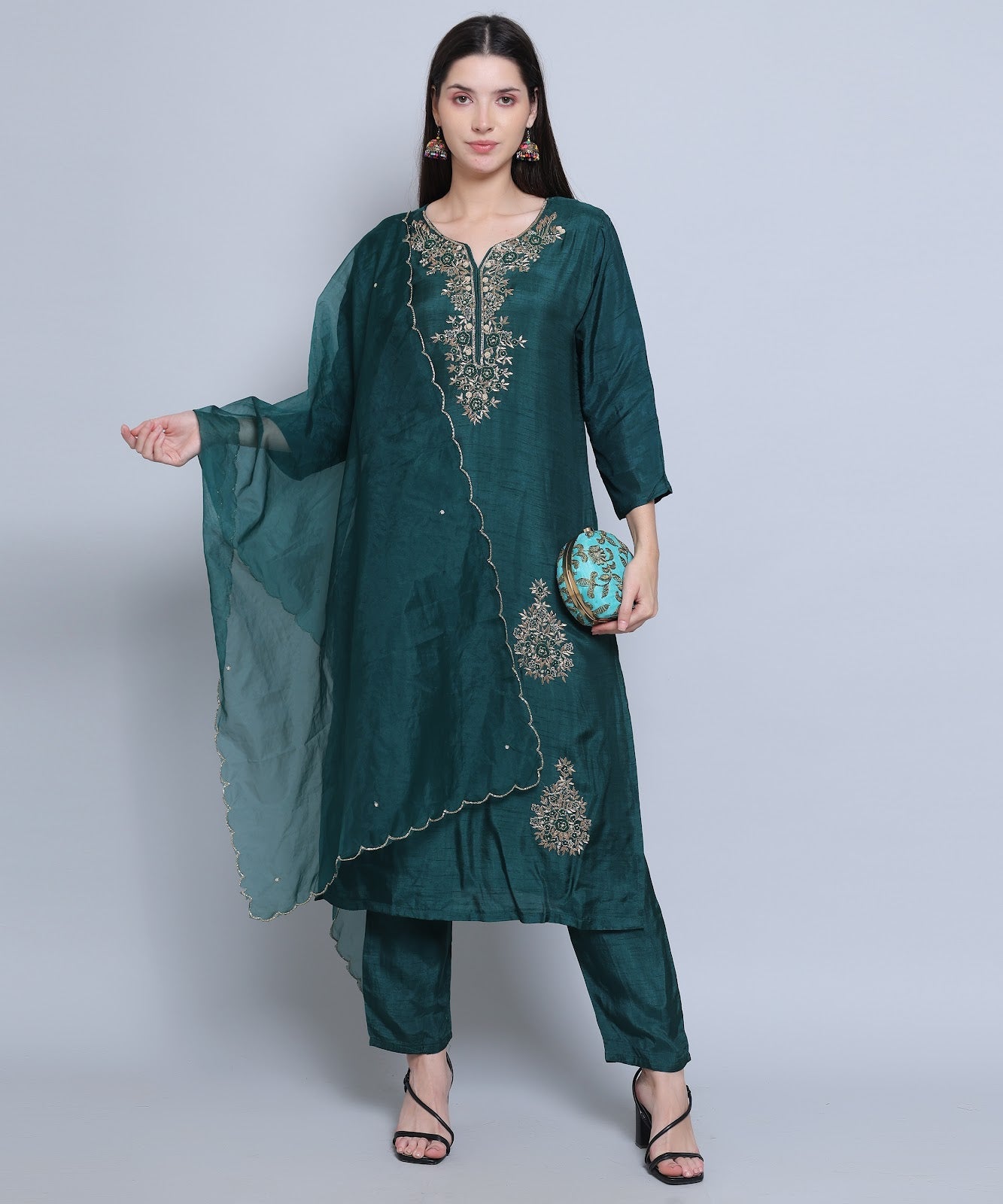 Green Suit with Pants in Dola Silk with Hand Embroidery