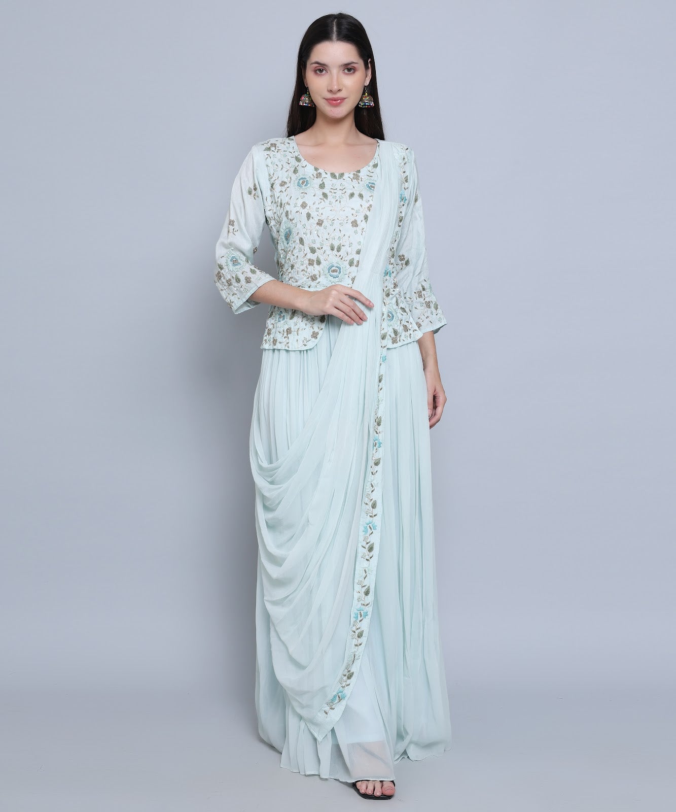 Light Blue Drape set with Skirt in Chinon Fabric with Hand Embroidery  