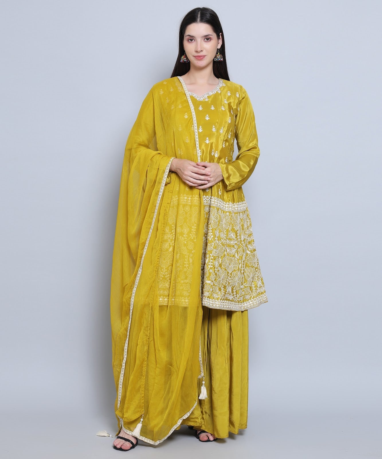 Lime Kalidar Suit with Sharara in Crepe Fabric with Hand Embroidery.