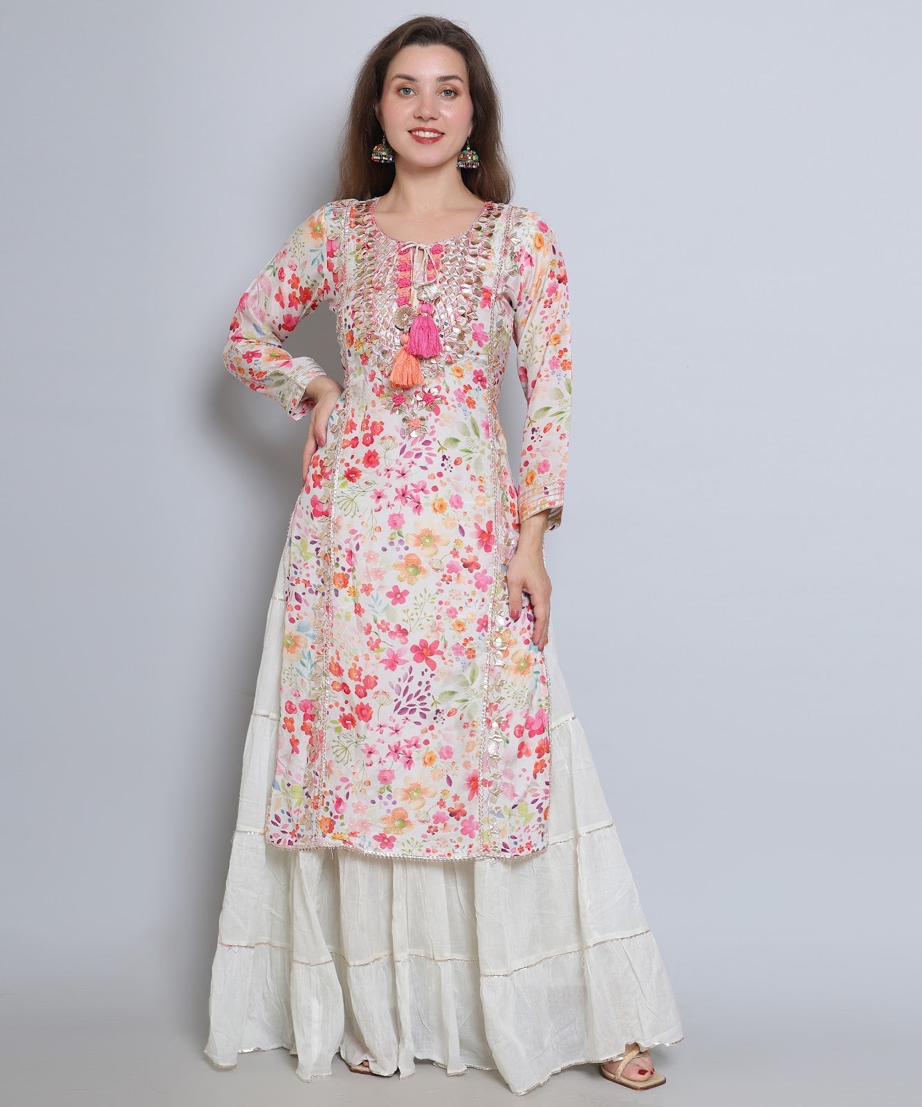 Off White Floral Sharara Suit in Muslin Mulmul fabric with French knots and GottaPati