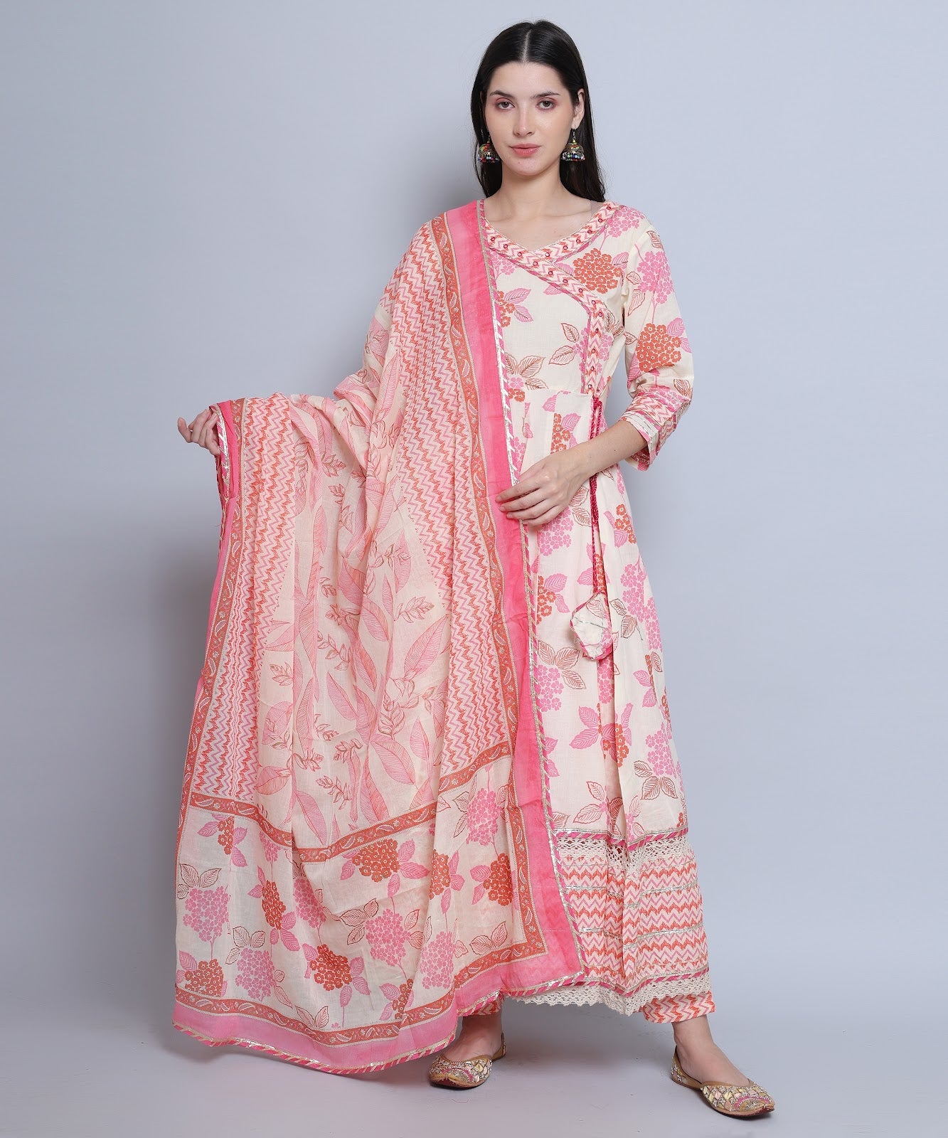 Off White Pink Floral Angrakha with Pants in Pure Cotton with Embroidery and Gota