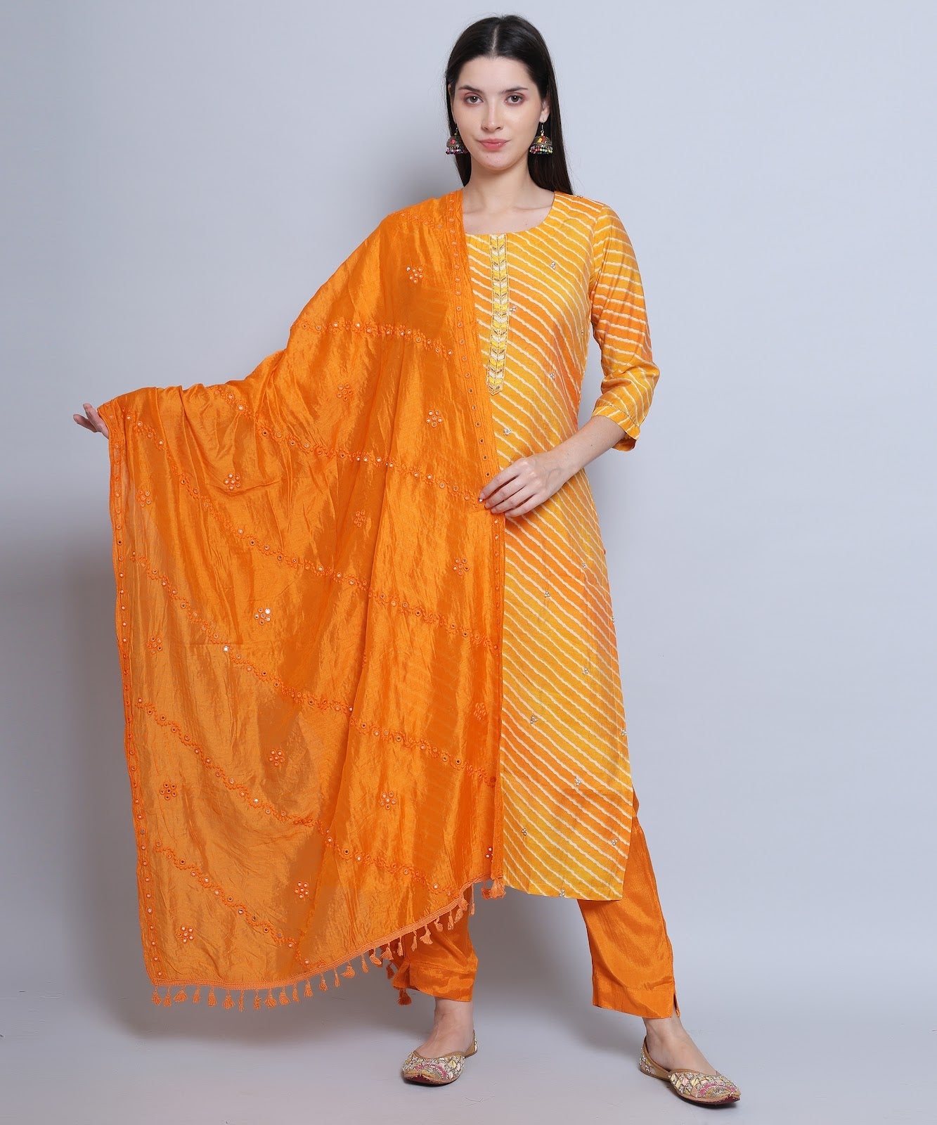 Orange Straight Suit with Pants in Muslin Silk with Embroidery