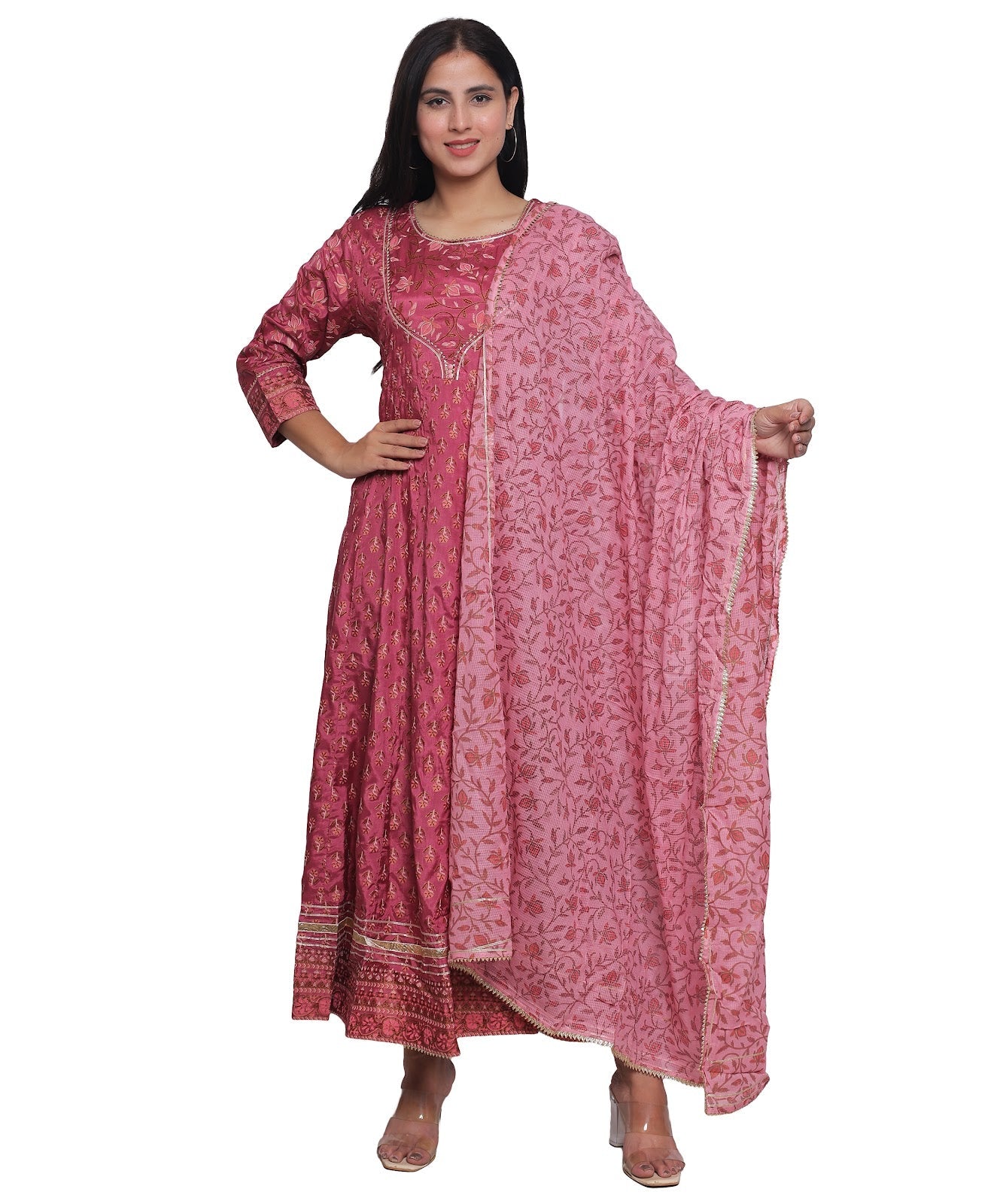 Pink Anarkali Suit in with Gota