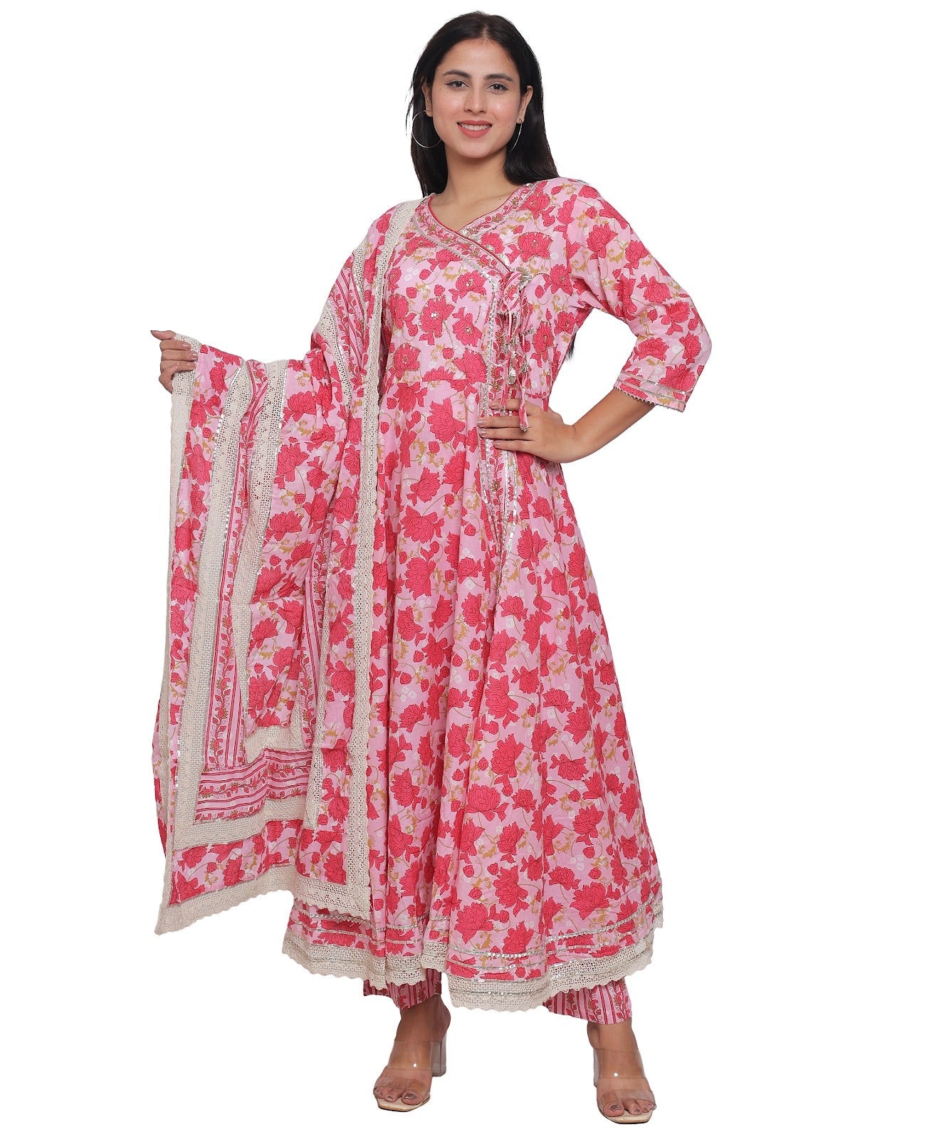 Pink Floral Angrakha with Pants in Pure Cotton with Gota & Crochet.