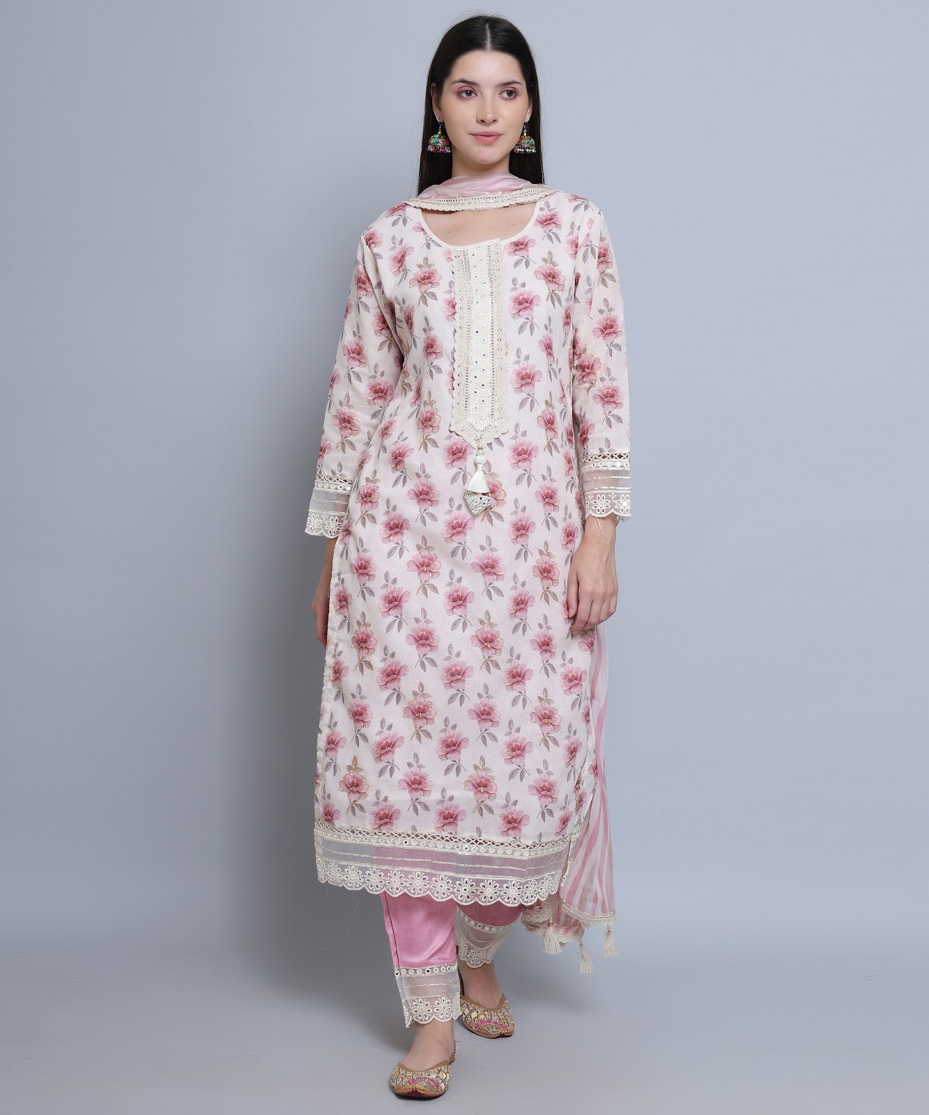 Pink Floral Straight Suit with Pants in Mulmul Cotton with Crochet 