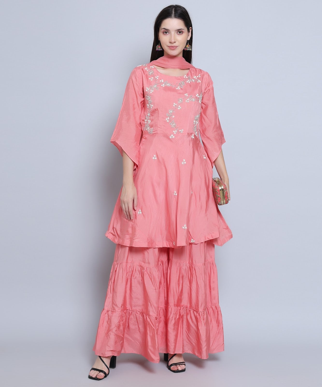 Pink Suit with Sharara in Muslin Silk with Hand Embroidery. 