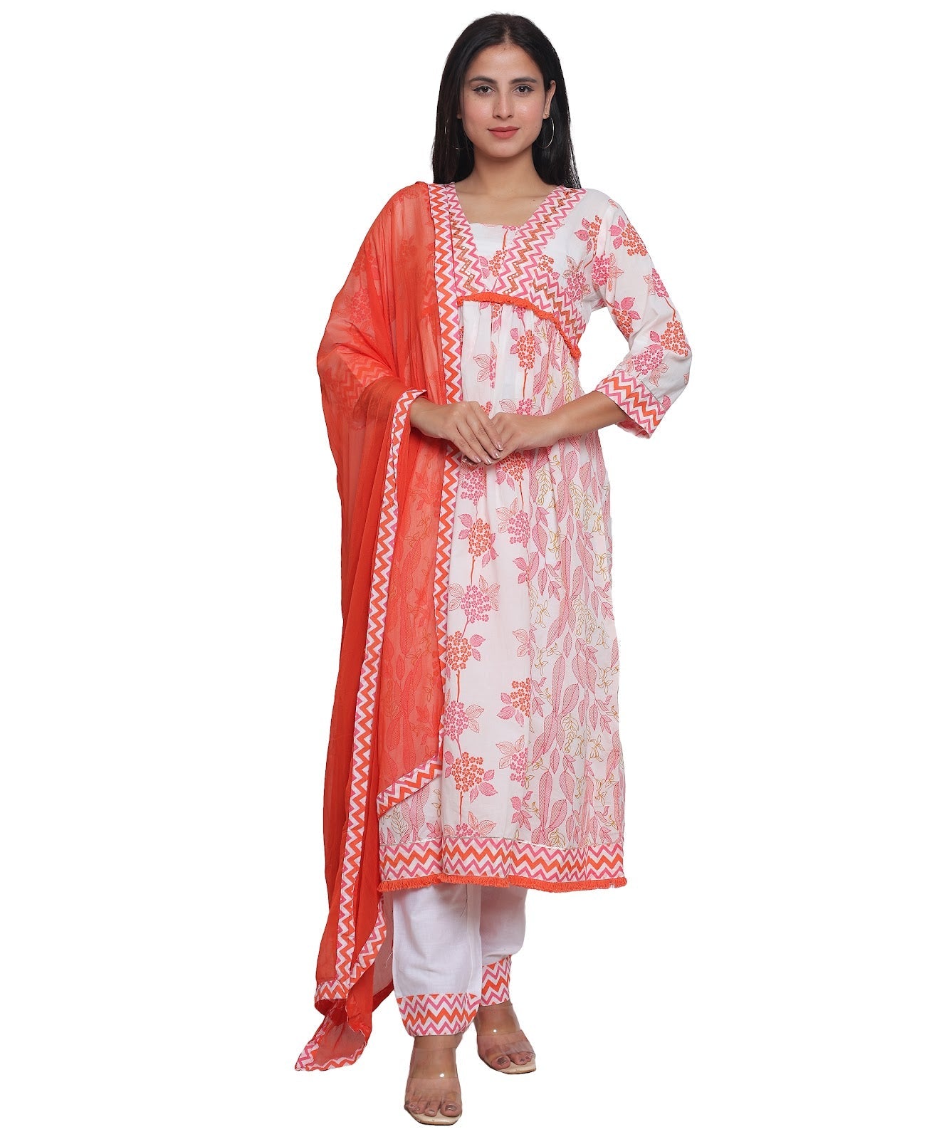 Printed Alia Cut Suit with Pants in Cotton with Handwork