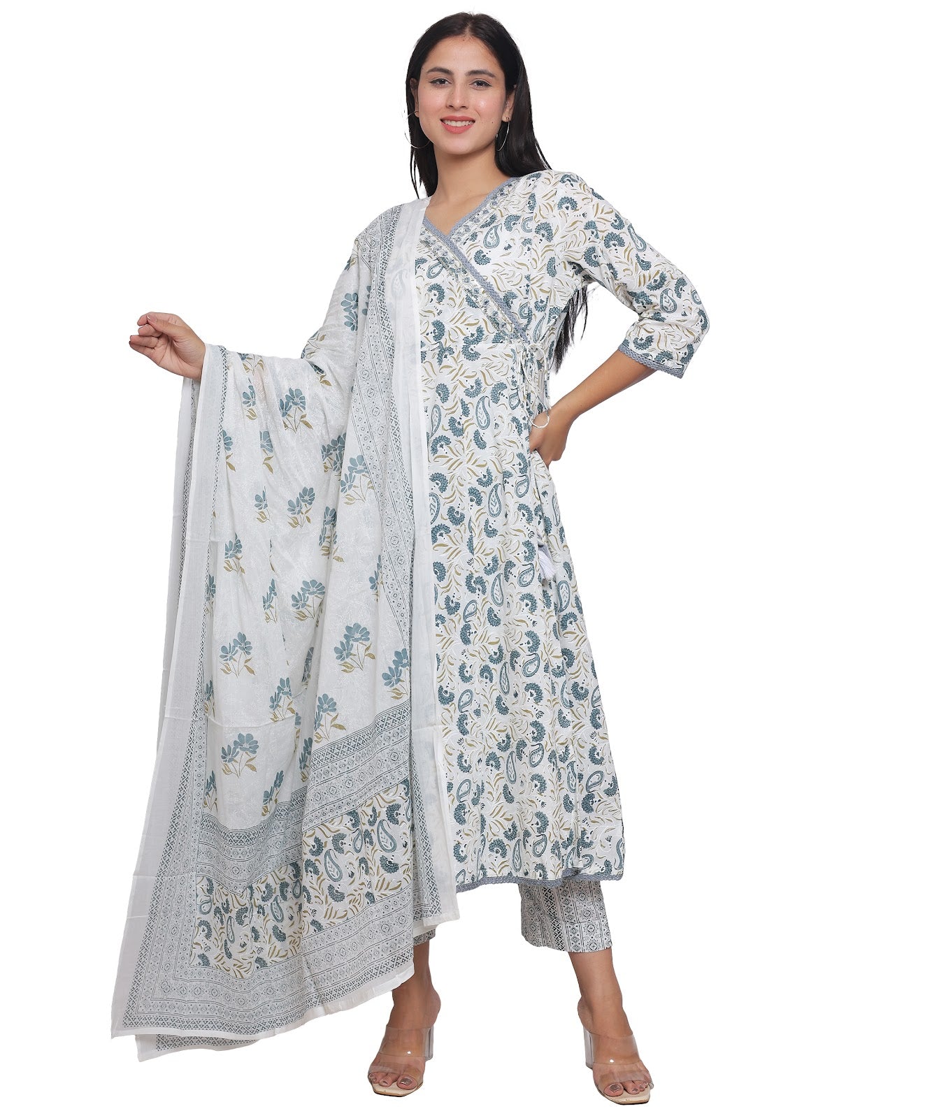 Printed Grey Angrakha with Pants in Pure Cotton with Mirrorwork & Crochet.