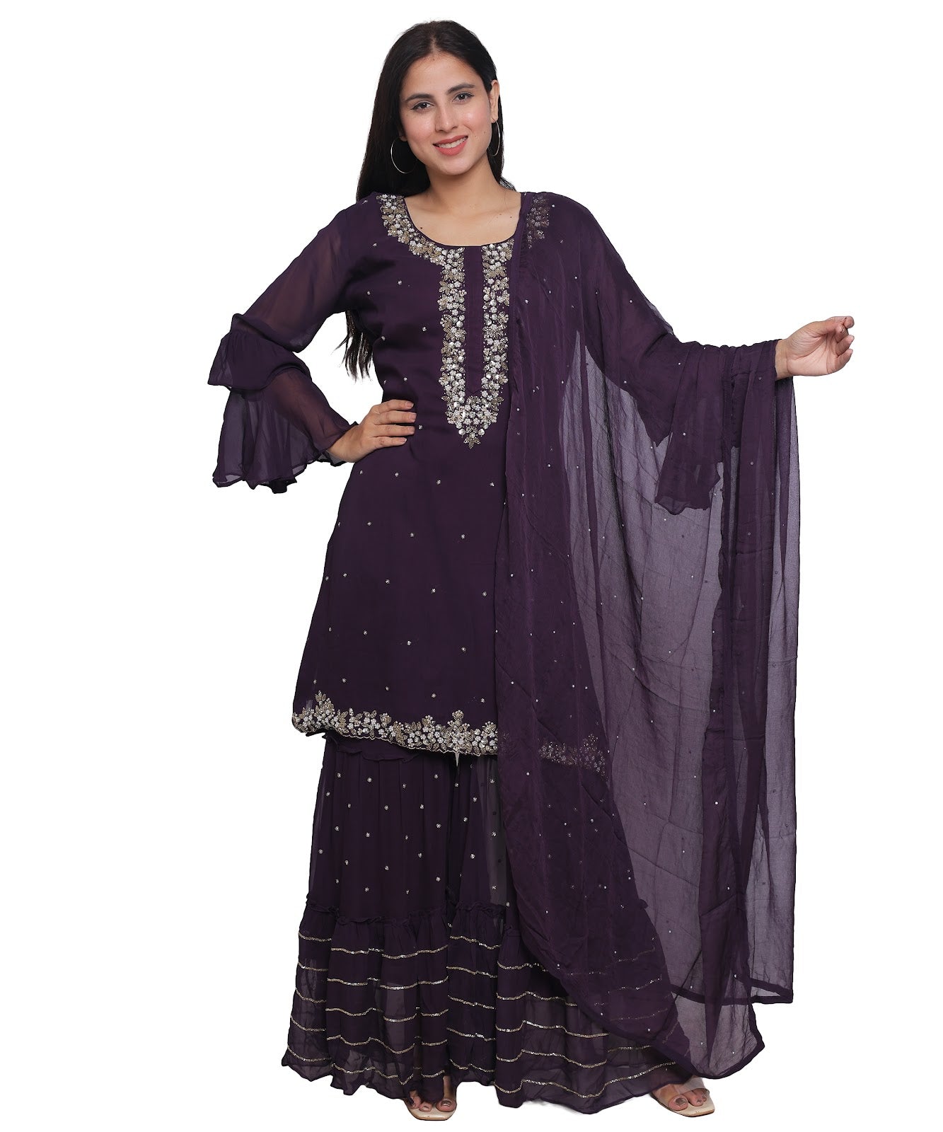 Purple Suit with Sharara in Georgette with Hand Embroidery