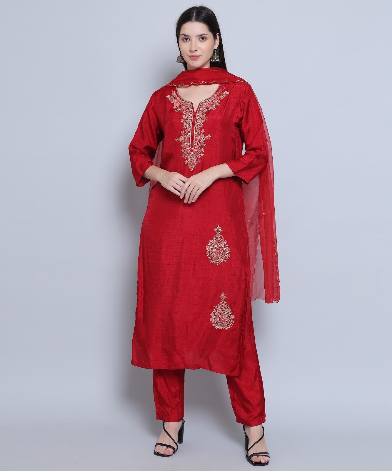 Red Suit with Pants in Dola Silk with Hand Embroidery. 