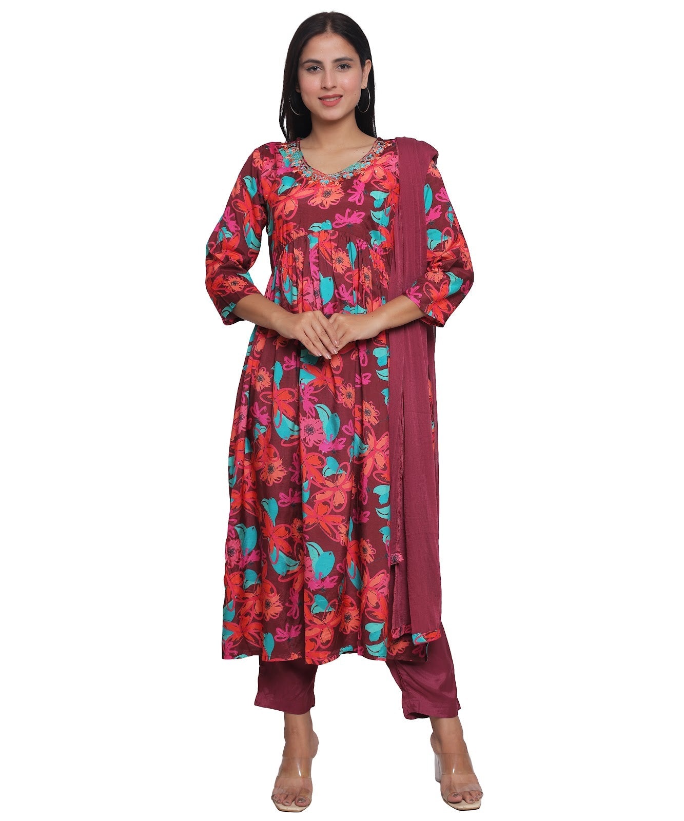 Wine Floral Alia Cut Suit with Pants in Mulmul Cotton with Handwork