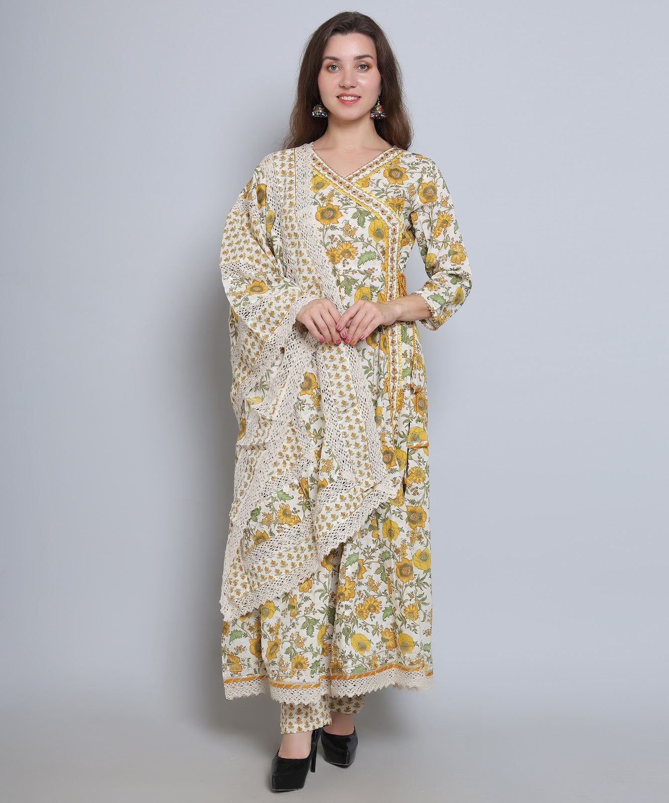 Yellow Green Floral Angrakha with Pants in Pure Cotton with Gota and Crochet.