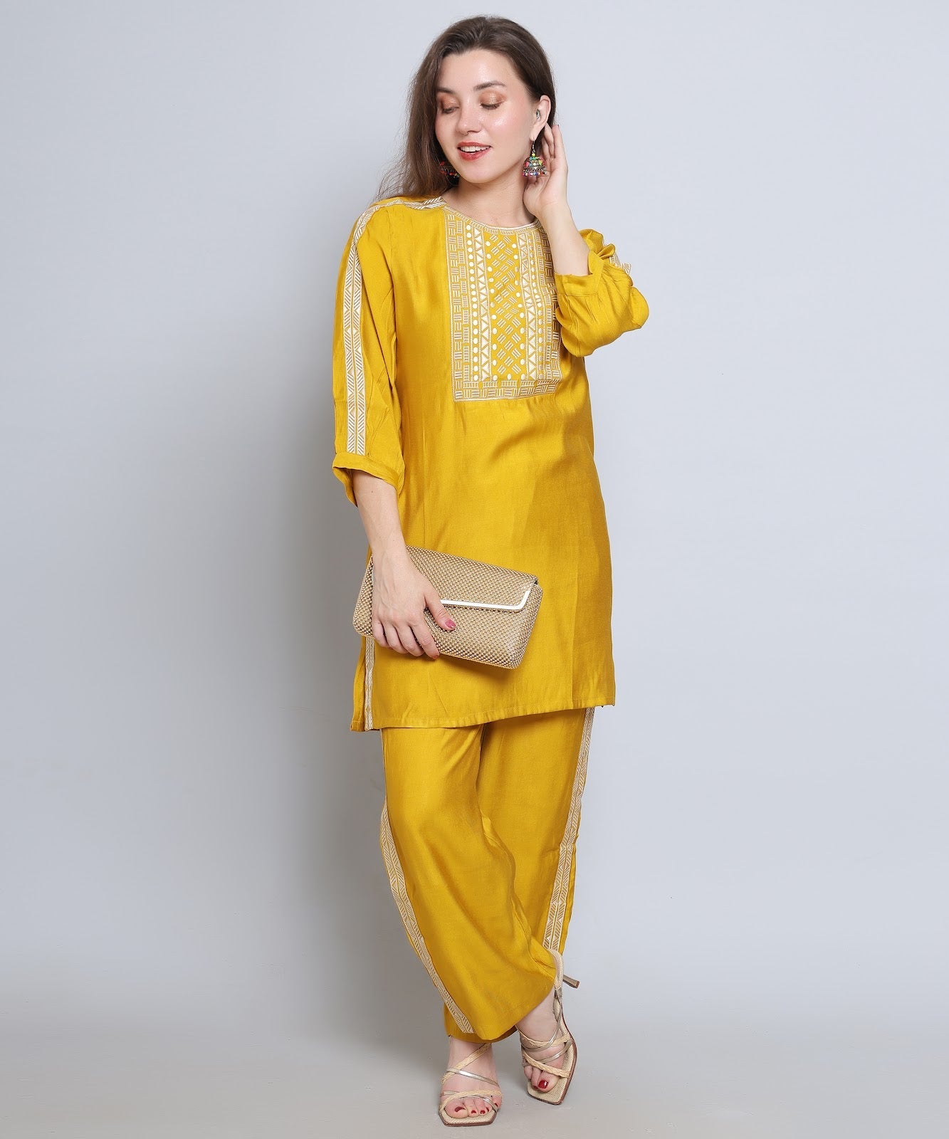 Yellow co ord set with Embroidery in Rayon Cotton 